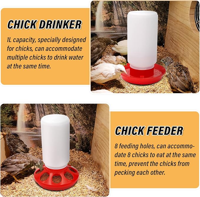 Chicken Feeder and Waterer Set Hanging Chicken Waterer Feeder for Poultry Duck Quail Chick Baby Automatic Chicken Feeders no Waste Bird Water Dispenser Chicken Coop Accessories Supplies (Red)