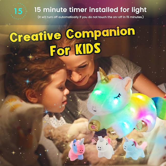 Hopearl LED Plush Unicorn Lighting Up Stuffed Mommy Unicorn with 3 Baby Unicorns in her Tummy Floppy Stuffed Animal Playset Night Lights Glow in The Dark Gifts for Kids Toddler Girls, White, 19''