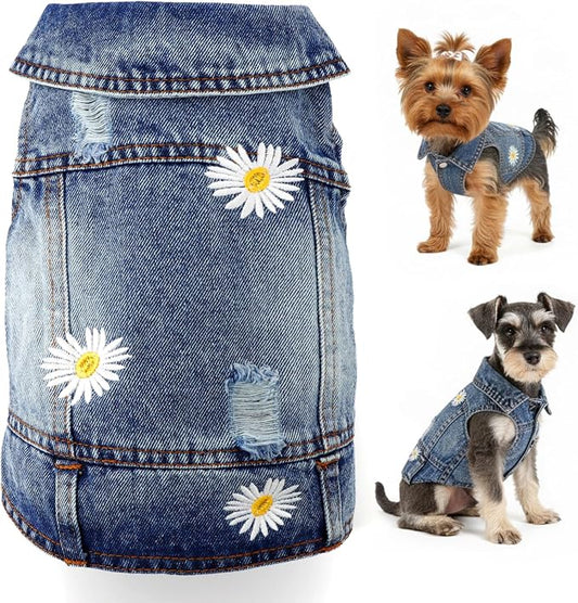Dog Denim Jacket with Embroidered Daisy, Ripped Vintage Jean Vest for Small Dogs, Puppy, Pugs, Chihuahuas, Spring Summer Fall Festival Outfit, Medium (Fits Chest 13-14")