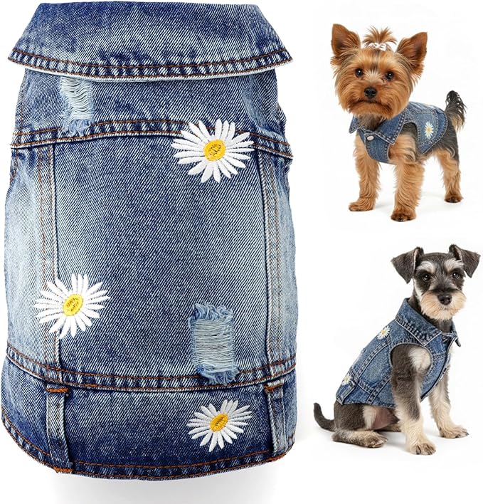 Dog Denim Jacket with Embroidered Daisy, Ripped Vintage Jean Vest for Small Dogs, Pugs, Chihuahuas, Spring Summer Fall Festival Outfit, X-Large (Fits Chest 17-18")