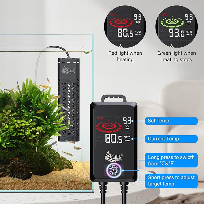 AQQA Submersible Aquarium Heater 500W for 55-130 Gallon Fish Tank Quartz Glass with External Controller for Betta Tank Koi Pond Saltwater & Freshwater (AQ197-500W for 55-130Gal)