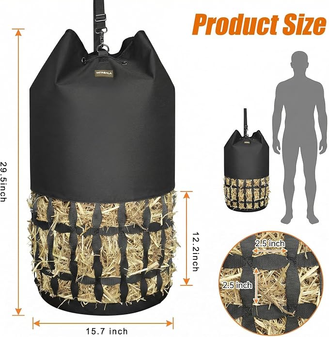 Hay Bags for Horses, Cylindrical Slow Feed Hay Bag with Rounded Diamond Nets Design for Goats,Horse,Donkey,Large Easy-Fill Top with Drawstring and Adjustable Strap