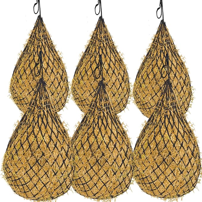 6 Pcs Hay Bags for Horses: 40 inch Long Slow Feed Hay Net for Horses - 2 * 2 inch Holes Mess with Nylon Rope Hanging (Black)