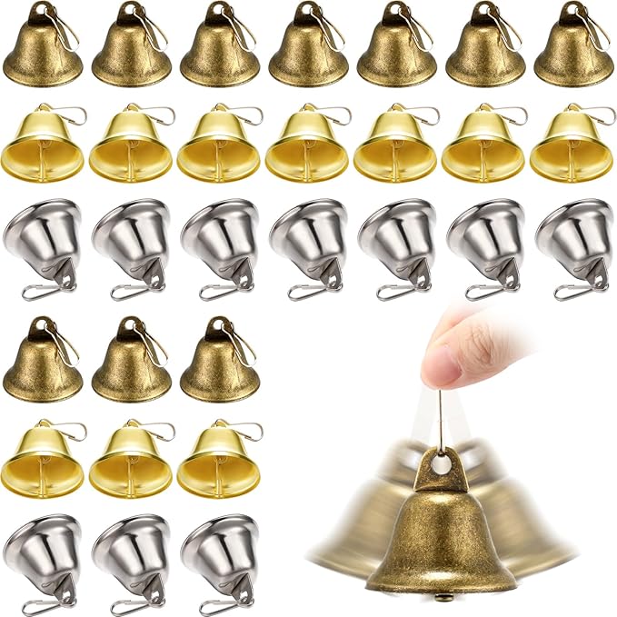 30 Pieces Craft Small Brass Bells for Crafts Mini Vintage Bells with Spring Hooks Tiny for Hanging Wind Chimes Making Dog Training Doorbell Wedding Decor, 1.65 x 1.5 Inch (Bronze, Silver, Gold)