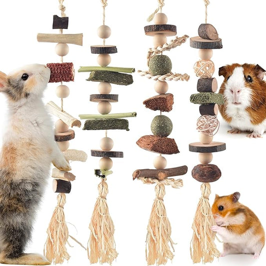 DBNESS 4 Pcs Bunny Chew Toys for Teeth, Hanging Rabbit Chewing Toy Treats with Timothy Grass & Natural Apple Wood, Improve Small Rodent Dental Health for Guinea Pig Hamster Chinchilla Rat Gerbil