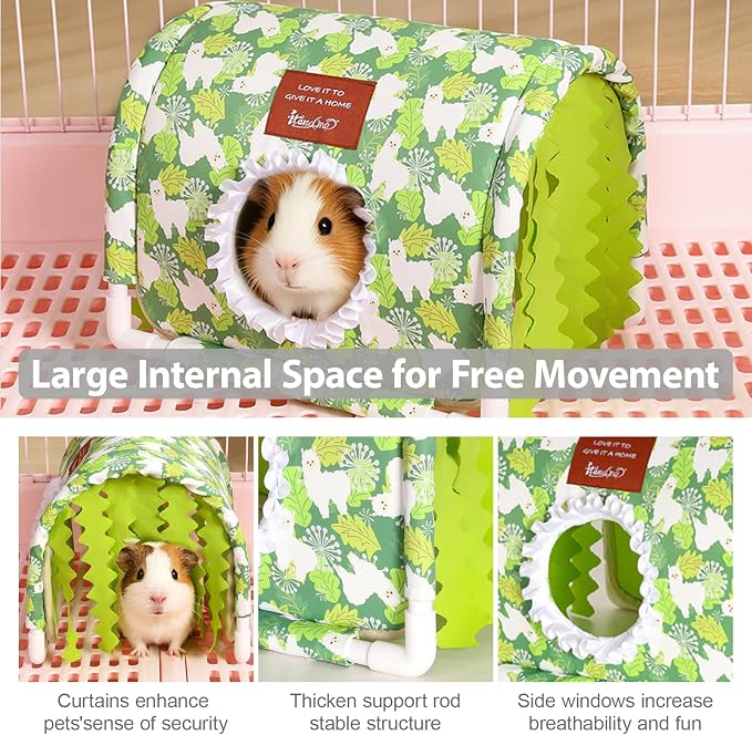 Guinea Pig Hideout Tunnel - Stable Washable Small Animal Tunnel Hide with Curtains,Guinea Pig Accessories for Hamster/Chinchilla/Dwarf Rabbit/Ferret (Green Alpaca, Large)