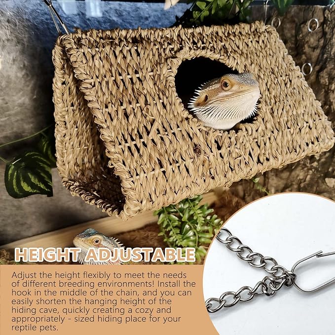 Reptile Hide Cave,Hollow Gecko Hide,Hanging Seagrass Fiber Bearded Dragon Hammock Swing Lizard Cage Climbing Toys with Suction Cups&Chains,Reptile Tank Decor with Simulation Plants-Triangle L