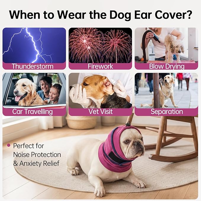 IDOMIK Dog Ear Muffs Noise Protection, Dog Calming Hoodie for Anxiety Relief, Soft Double-Layer No Shake Head Wraps, Quiet Ear Covers for Thunderstorm, Firework, Bath, Grooming & Blow Drying,Purple,L