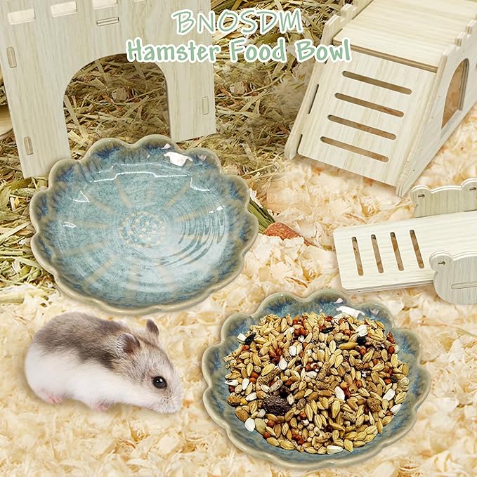 BNOSDM Shallow Ceramic Hamster Food Dish 2 Pcs Small Animals Food Bowl Sunflower Feeding Dishes for Gerbils Mice Rats 4.5in (Dark Green)