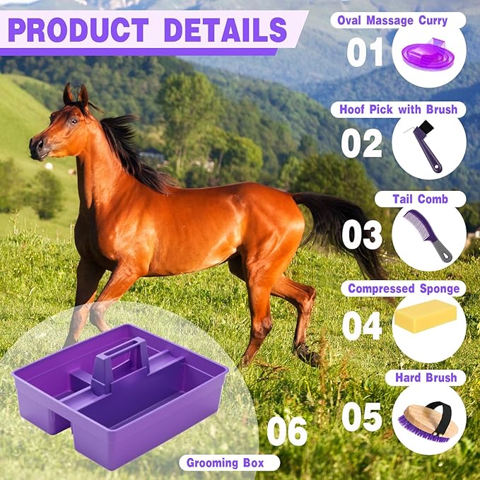 Abbylike Horse Grooming Kit with Tote Bag, 6-Piece Horse Care Set with Brush, Comb & Hoof Pick, Portable Grooming Supplies Organizer(Purple)