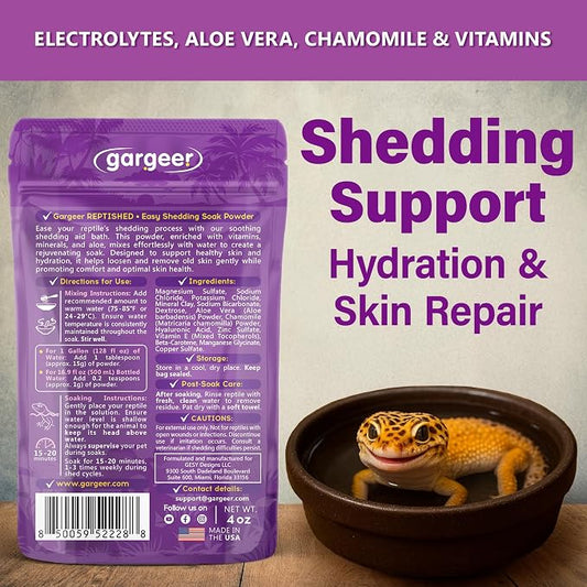 Gargeer 'ReptiShed' Shedding Aid Soak Powder for Reptiles | Stuck Shed Remover for Dragons, Geckos, Lizards, Snakes | Aloe, Chamomile, Hyaluronic Acid | Bath Supplement | Made in the USA. Enjoy!