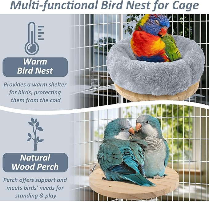 DBNESS Medium Bird Nest for Cage, Removable Plush Parrot Hammock Warm Resting Perch Platform for Budgies Cockatiel Conure Parakeet Hamster Washable Breeding Sleeping Lay Eggs Nesting (Grey, M)
