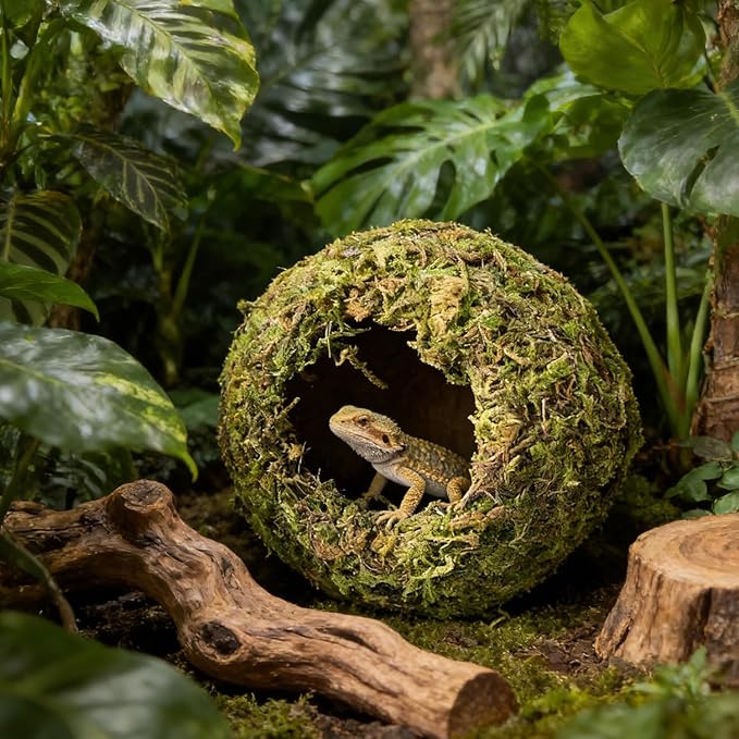 Reptile Hideout Cave - Natural Coconut Moss Terrarium Decor & Snake Hide - Leopard Gecko Hide & Ball Python Hide - Reptile Tank Accessories & Habitat Hideouts for Bearded Dragon