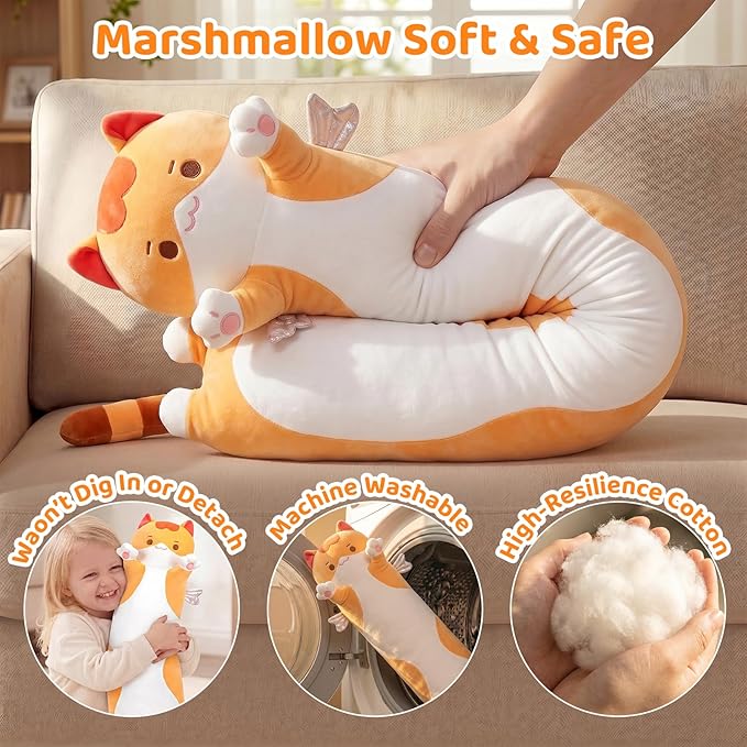 Mewaii Long Cat Plush 5 Sizes, 120% Extra Filling Giant Plushness Kids Body Pillow, Kawaii Cute Brown Cat Stuffed Animals Plushies, Big Long Body Pillow Cat Plush Gift for Girls 44”
