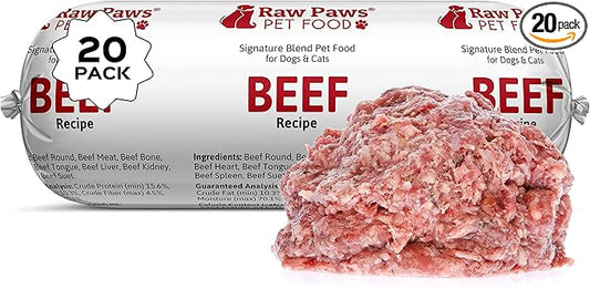 Raw Paws Signature Blend Pet Food for Dogs & Cats - Beef Recipe, 1-lb Rolls (20 Pack) - Fresh Pet Food Made in USA, Grass-Fed Beef, Natural Dog Food Rolls, Raw Frozen Dog Food & Cat Food