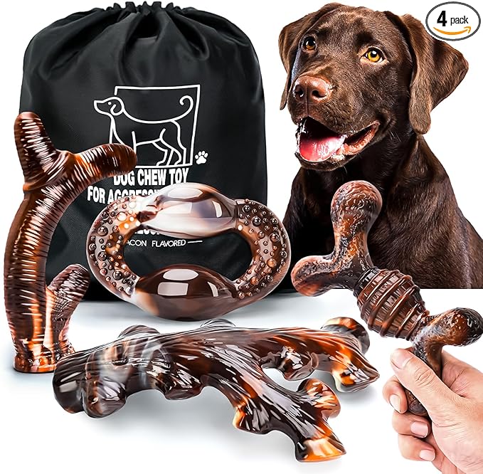 Dog Chew Toys for Aggressive Chewers 4 Pack, Indestructible Dog Toys, Bacon Flavor, Tough Nylon Bones to Keep Them Busy, Medium & Large Breed, Gifts for Dogs