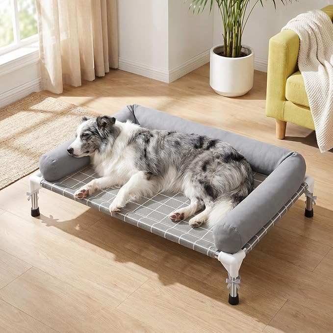 Elevated Dog Bed with 3 Sided Bolster - 32"x26" Raised Pet Cot for Medium Dogs, Stainless Steel Frame Portable Dog Sofa for Indoor, Outdoor, Camping and Patio
