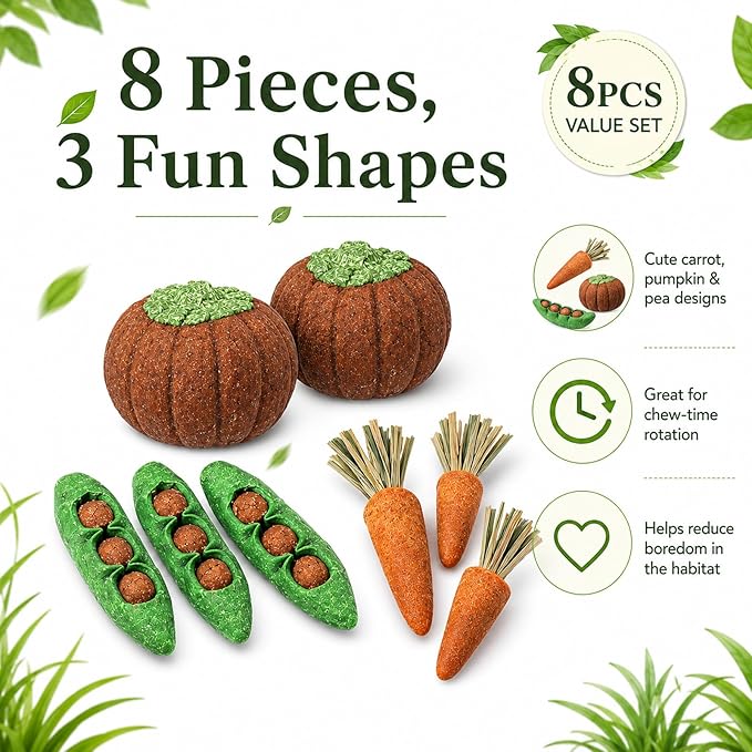 HERCOCCI 8Pcs Guinea Pig Chew Toys, Hamster Toys Prevent Excessive Teeth Growth Natural Vegetables Carrot and Timothy Grass for Guinea Pig Rabbit Chinchillas Gerbil
