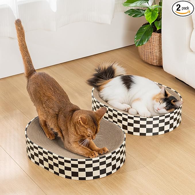 Conlun 2 Pack Oval Cat Scratcher Bowl, Curved Cardboard Scratching Pad Bed for Indoor Kittens, Mess-Free Enclosed Lounge Nest, Furniture Protector, Medium