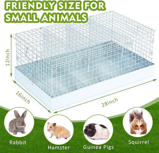 DoubleFill 4 Hole Folding Rabbit Transport Cage, 28 x 16 x 12 in Portable Rabbit Bunny Carrier with Tray and Handles for Travel Temporary Housing, Indoor Outdoor Pet Habitat Animal Enclosure