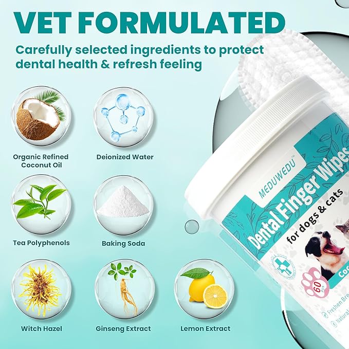 MEDUWEDU Dental Care Finger Wipes 60 Counts,Teeth Cleaning Finger Wipes for Dogs & Cats,Reduces Plaque & Supports Oral Freshness, Peach Scent