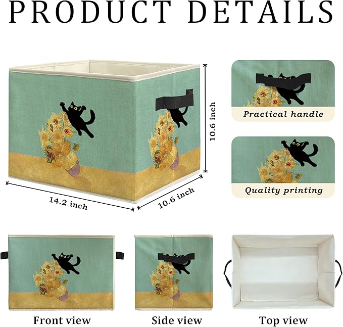 Funny Black Cat Sunflower Storage Bin Box, Cat Lover Mom Lady Grandma Gifts Collapsible Storage Basket Organizer for Bedroom Bathroom Home Clothes Toys Books, Toybox for Girls