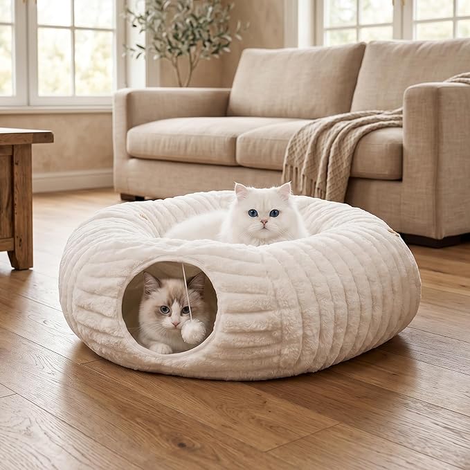 Cat Tunnel Bed, Peekaboo Hideaway Cave for Indoor Cats, Machine Washable Kitten Bed, Cat Donut, Dachshund Tunnel Bed for Small Dogs, Upgraded Striped Hare Feel Fabric (White)
