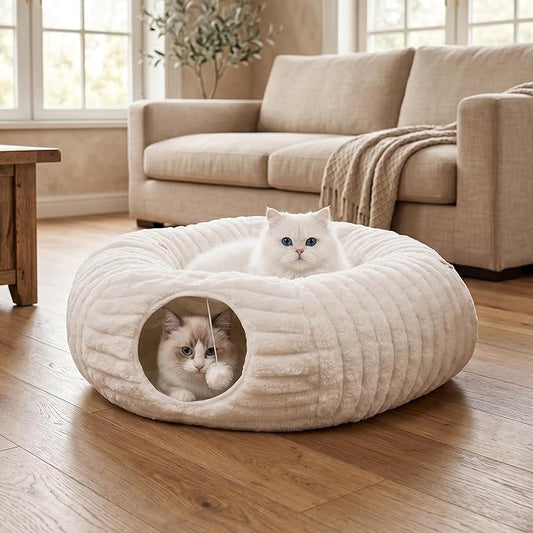 Cat Tunnel Bed, Peekaboo Hideaway Cave for Indoor Cats, Machine Washable Kitten Bed, Cat Donut, Dachshund Tunnel Bed for Small Dogs, Upgraded Striped Hare Feel Fabric (White)
