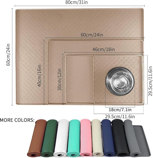 Ptlom Dog Food Mat Waterproof Pet Bowl Mats with High Lips, Non-Slip Dog Placemat Prevent Messy Spills to Floor, Silicone Puppy Feeding Tray for Small, Medium Large Dogs Cats, Taupe, 24.5" 16.5"