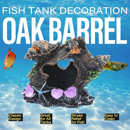 Oak Barrel Aquarium Decoration 4.3" – Resin Fish Tank Ornament with Multiple Hiding Spots, Safe Shelter for Small and Medium Aquariums, Stress-Relief Underwater Decor, Easy to Clean