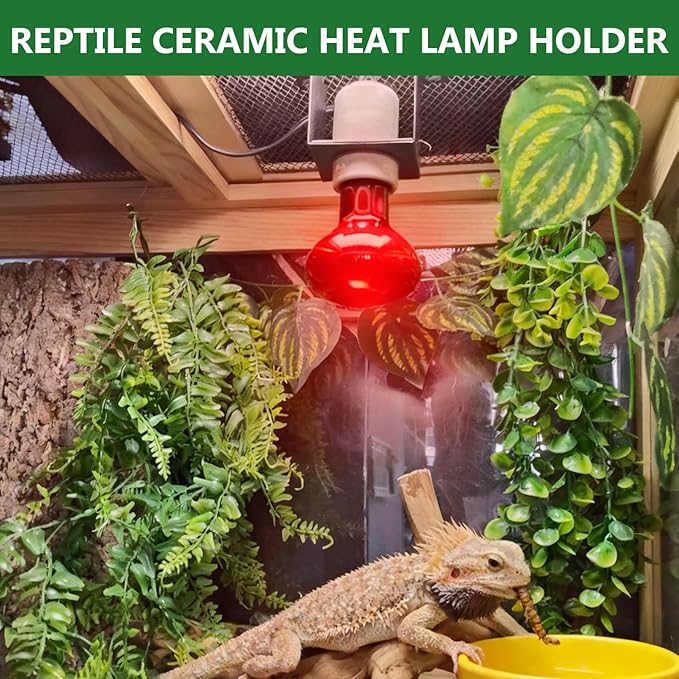 2PCS Reptile Light Fixture,Reptile Terrarium Heat Lamps Holder Bracket with Thermometer,Gecko Ceramic Heating Light Socket,Width-Increased Bearded Dragon Lamp Fixture for Lizard,Turtle,Snake