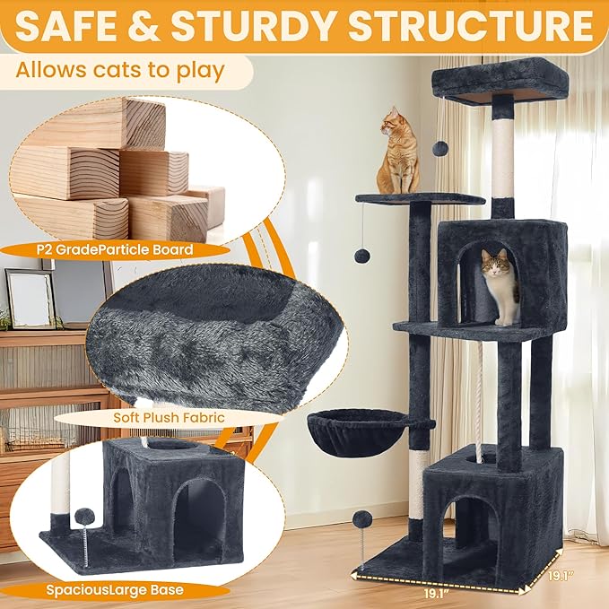 54-Inch Cat Tree Tower with 2 Caves & 2 Pompoms - Multi-Level Tower for Indoor Cats, Soft Plush Condo with Scratching Posts - Sturdy Base for Large Cats(Dark Gray)