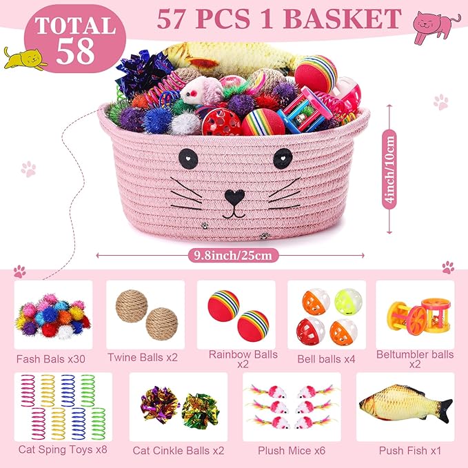Zopeal 58 Pcs Mother’s Day Cat Storage Basket Gift Toys Set, Colorful Flashing Balls Pet Bell Crinkle Balls Spring Toys Attract Cat to Swat, Hunt, Interactive for Pet(Pink,9.8 Inch)