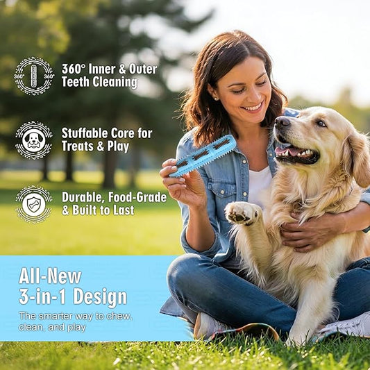 Bite and Brush 360 Dental Chew Toy for Dogs-Dog Toothbrush with Inner & Outer Textures for Teeth Cleaning, Stuffable Rubber Puppy Teething Toy, Interactive Design to Keep Them Busy(Blue)