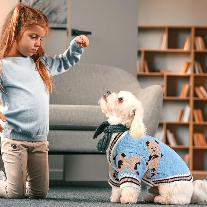 ABRRLO Small Dog Sweaters Cute Bear Dog Cardigans Clothes for Small Medium Dogs Boy Girl Puppy Cat Knitting Cardigan Outfits Dogs Winter Coats Warm Pet Doggy Clothes Soft Knitwear Apparel (Blue,XS)