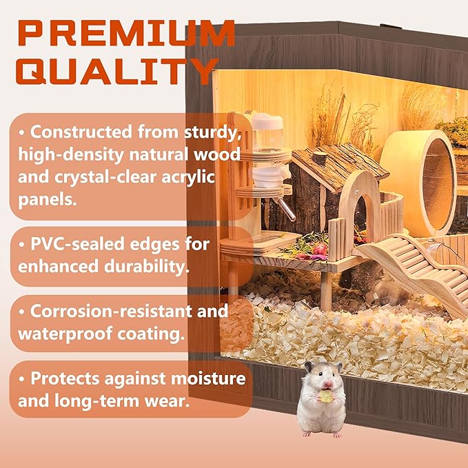 PROLEE Hamster Cage with Chewproof Wood Top, Guinea Pig Cages, Hamster Habitat with Clear Acrylic Sheets Solid Built, Small Animal Cage (Walnut, 24X15.5X15.5 inch)