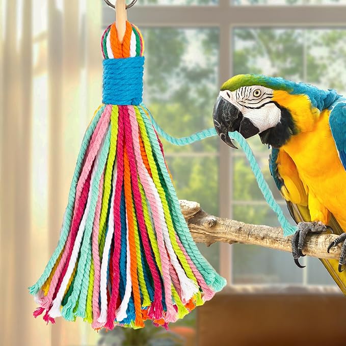 Bird Toys for Parrots, Colorful Cotton Rope Chew Toys for Large Birds, Natural Hanging Bird Cage Toys for Cockatiels, Macaws, Medium Large Birds for Playing & Preening (1)