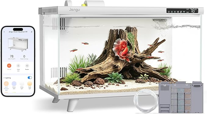 M1 5 Gallon Aquarium Starter Kit, App Control Smart Fish Tank with Filter, Auto Feeder, Quiet Pump, Timer Light, Temp Display, Crystal-Clear Glass Desktop Betta Tank for Guppy Shrimp, White