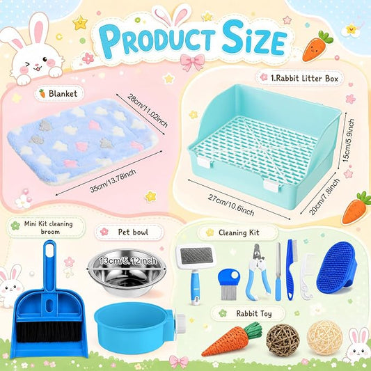 Reallnaive 15 Pcs Rabbit Starter Kit Small Rabbit Litter Box Girls Gift Animal Grooming Kit Bunny Toys Bowl Blankets with Cleaning Set for Guinea Pig Accessories(Sky Blue)