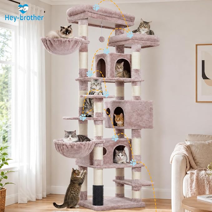 Hey-brother Cat Tree, 74 inches Multi-Level XL Large Cat Tower for Indoor Cats with Three Cat Condos, Two Large Top Decks and Cat Hairbrushfor Kittens, Cats and Pets,Muchroom MPJ035-MMU