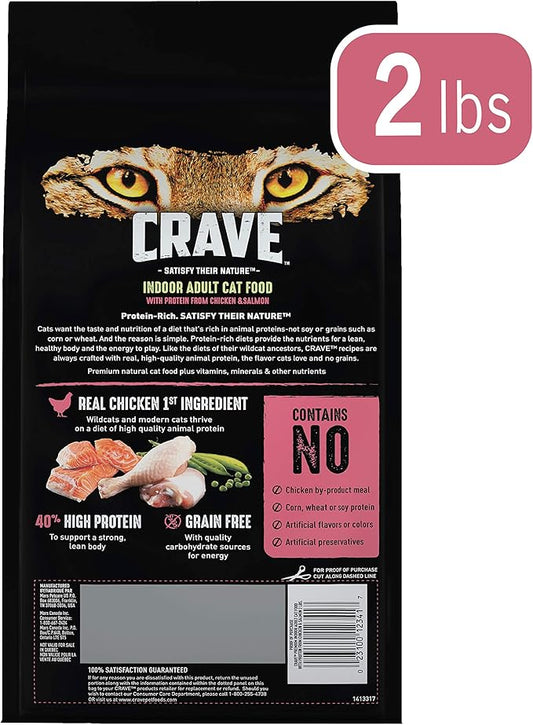 CRAVE Grain Free Indoor Adult High Protein Natural Dry Cat Food with Protein from Chicken & Salmon, 2 lb. Bag