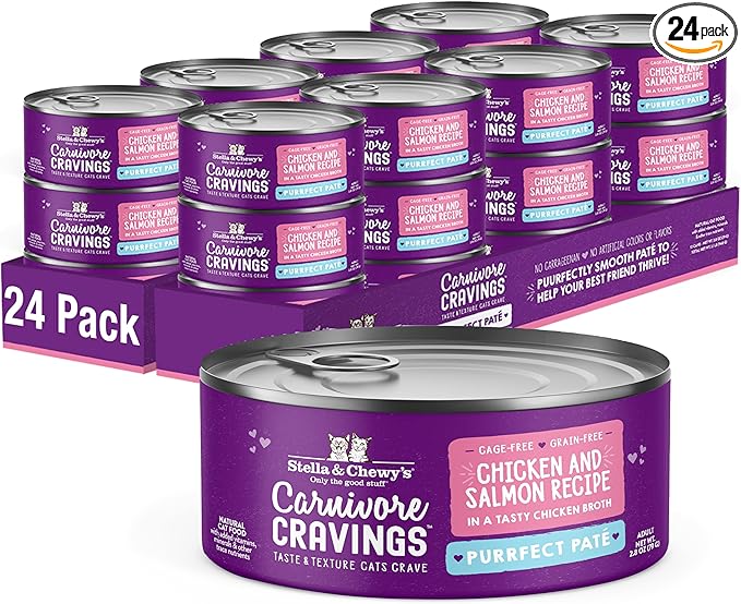 Stella & Chewy's Carnivore Cravings Purrfect Paté - Premium Grain-Free Wet Cat Food - Chicken & Salmon Recipe - High Protein with Bone Broth - Perfect for Picky Eaters - 2.8oz Cans (24 Pack)
