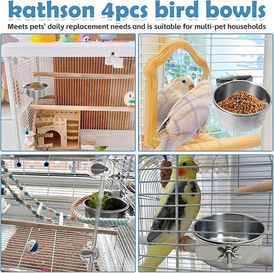 kathson 4 Pack Stainless Steel Bird Bowls, Parrot Feeding Dish Cups with Clamp Holder Bird Feeders Water Cage Bowl for Parakeet Cockatiels Conure Budgies Lovebird Finch and Small Animals
