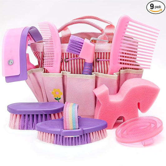 Horse Grooming Brush Kit, 9Pcs Horse-Brush Set with Organizer Tote Bag, Shower Brushes, Braiding Comb, Sweat Scraper, Hoof Pick, Shedding Massaging Tool Supplies for Riders Beginners, Pink