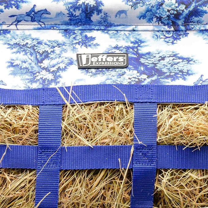 Jeffers Expression Extend Feed Hay Bag - Natural Slow Feed Hay Feeder, Durable 600D Material, Mesh Bottom & Top Loading Design, Holds Up to 2 Flakes for Horses, Goats & Livestock - Equestrian Toile