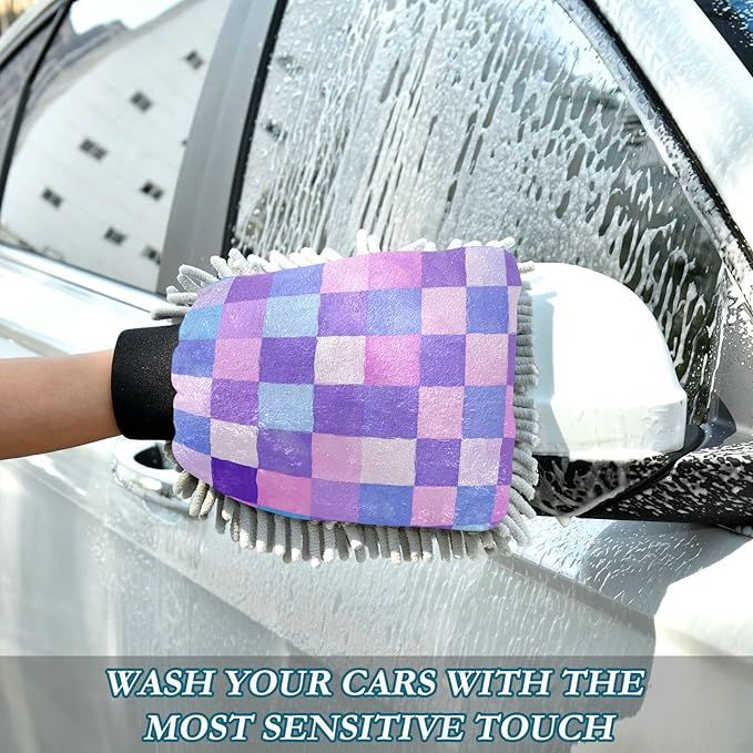 Car Wash Mitt Microfiber Wash Mitts for Car Washing Scratch-Free Cleaning Gloves Soft Non Absorbent Chenille Auto Hand Mitt Large 2Pack Purple Checkered