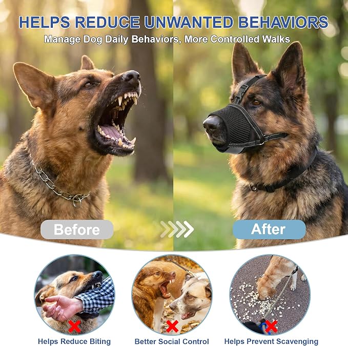 Soft Dog Muzzles for Small Medium Large Dogs, Mesh Soft Mouth Guard for Chewing and Barking Prevention, Adjustable Hook and Loop Loop with Reflective Strap for Grooming, Vet Visits & Walks (Black, M)