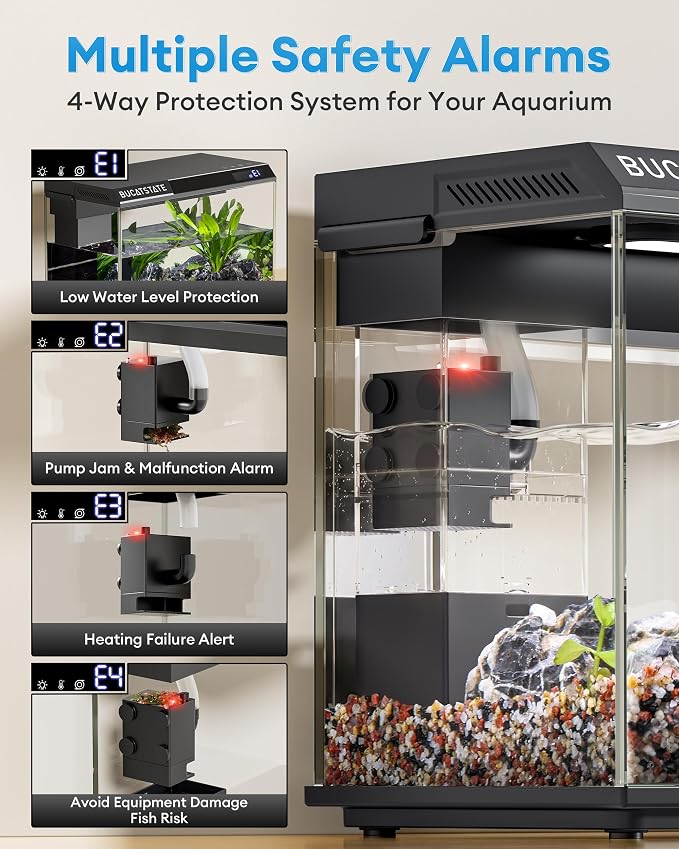 BUCATSTATE 2.6 Gallon Fish Tank, 3 Stage Filtration with Independent Waste Compartment Aquarium, Quiet 3 in 1 Pump, Real-Time Temp Display, 8-Mode LED Light Fish Tank (Black)