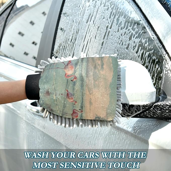 Car Wash Mitt Microfiber Wash Mitts for Car Washing Scratch-Free Cleaning Gloves Soft Non Absorbent Chenille Auto Hand Mitt Medium 2Pack Flamingo in Coastline