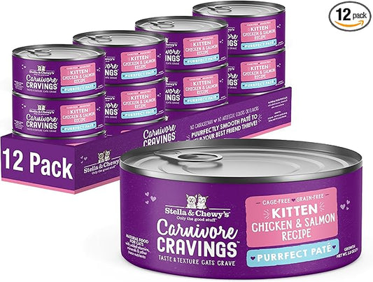 Stella & Chewy's Carnivore Cravings Purrfect Paté - Premium Grain-Free Wet Kitten Food - Chicken & Salmon Recipe - High Protein with Bone Broth - Perfect for Picky Kittens - 2.8oz Cans (12 Pack)